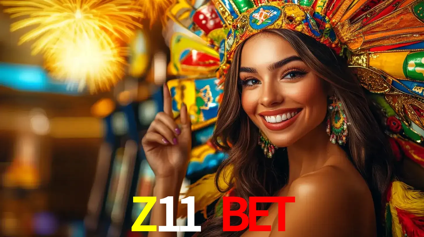 Mulher sorridente com um cocar de carnaval vibrante e colorido, celebrando uma grande vitória nos jogos do cassino Z11 BET com fogos de artifício ao fundo.