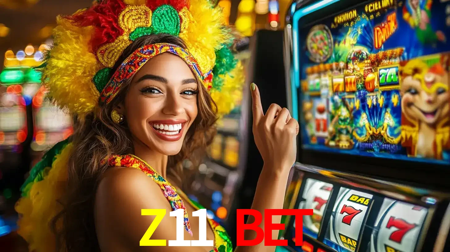 Mulher animada com um cocar de carnaval apontando para uma máquina de caça-níqueis, mostrando a emoção de ganhar um grande prêmio nos jogos do Z11 BET.