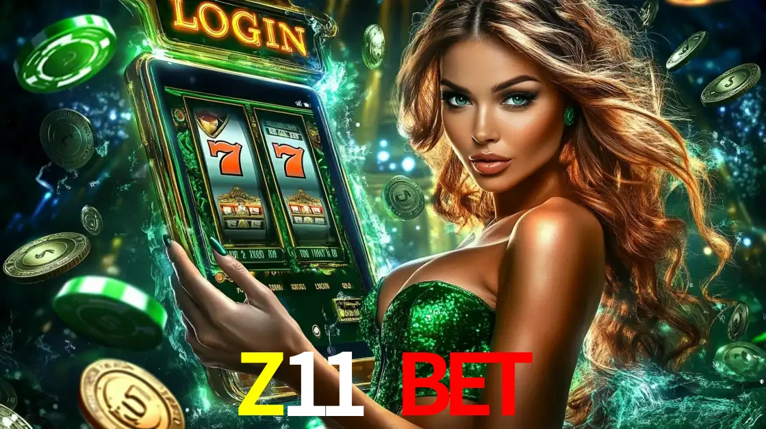 Mulher com tema verde apresentando o aplicativo do cassino Z11 BET com um jogo de slot de 777, cercada por fichas de cassino e uma aura de sorte.