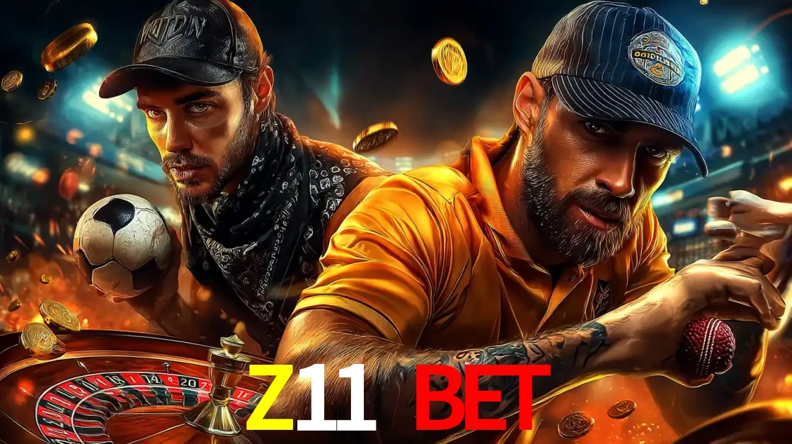 Montagem de apostas esportivas e cassino no Z11 BET, com um homem segurando uma bola de futebol e outro uma de beisebol sobre uma roleta e moedas voadoras.