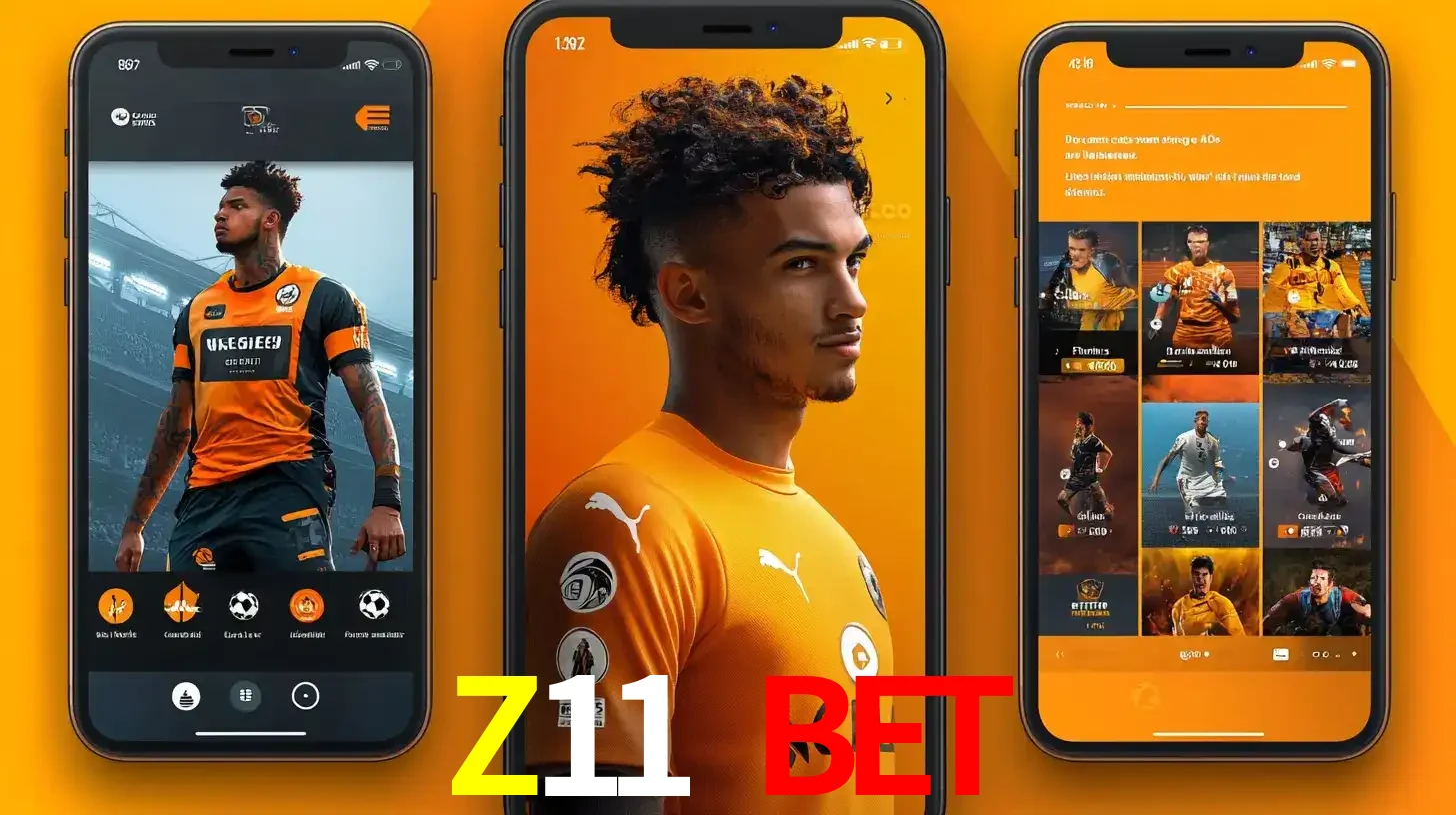 Interface do aplicativo de apostas esportivas Z11 BET em três telas de celular, mostrando o perfil de um jogador de futebol e a lista de jogos disponíveis para apostar.