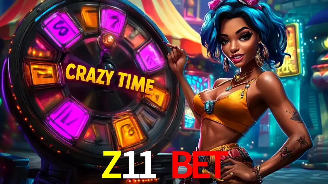 Mulher estilizada com cabelo azul e visual vibrante posando ao lado da roda de prêmios do game show Crazy Time, convidando para a diversão e os bônus do cassino Z11 BET.