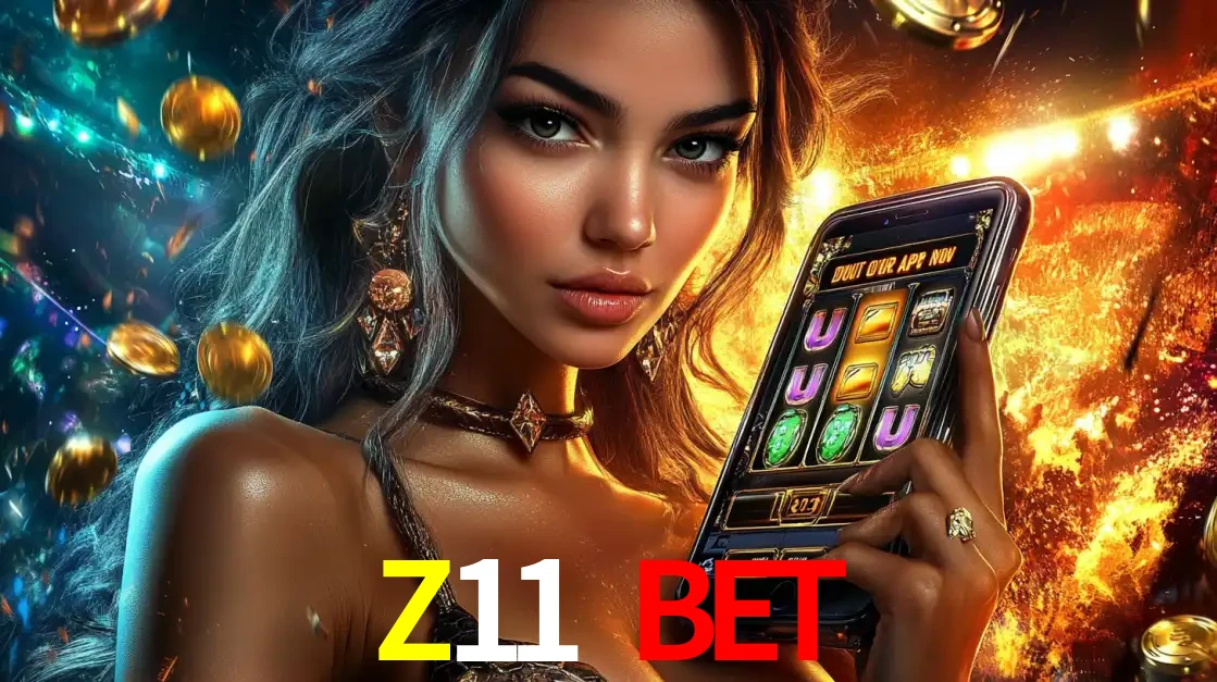 Mulher elegante mostrando um jogo de caça-níqueis em seu smartphone, destacando a experiência de cassino móvel oferecida pelo aplicativo Z11 BET.