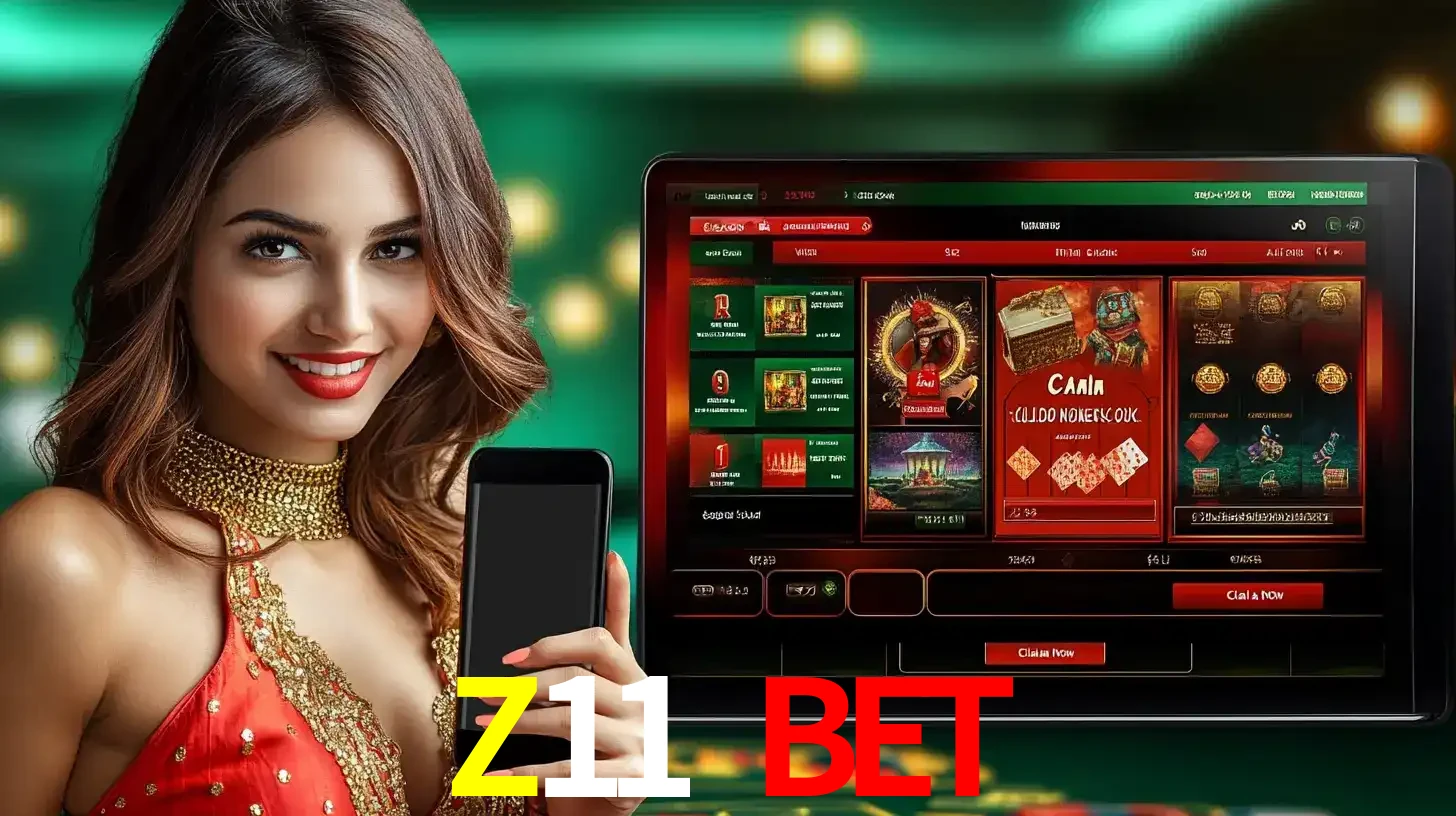 Mulher sorridente segurando um smartphone, ao lado de uma tela exibindo o lobby de jogos do cassino online Z11 BET, com várias opções de jogos de cartas e slots.
